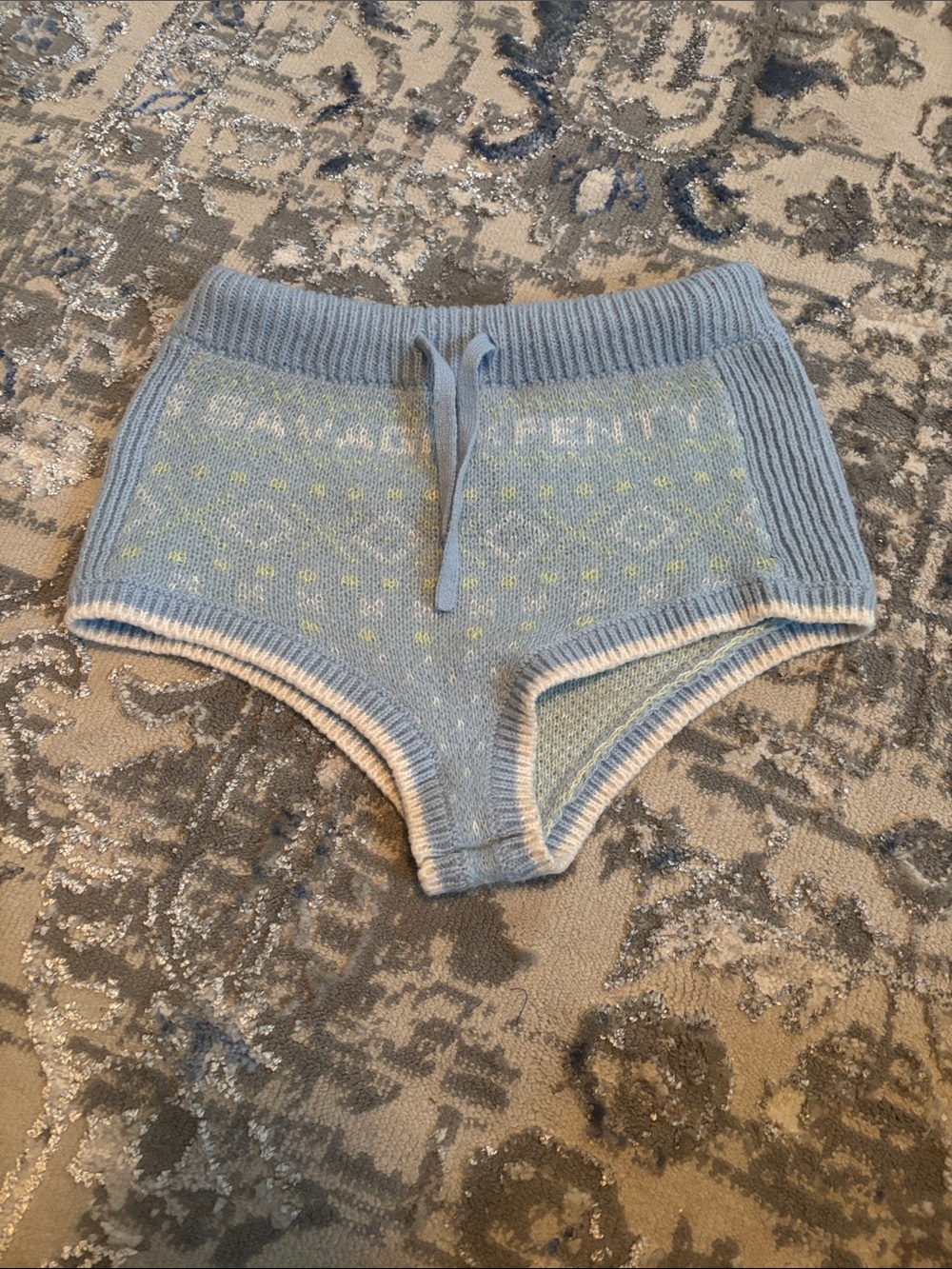 Savage X Fenty Light Blue Knit High-Waist Lounge Shorts with Cream Trim